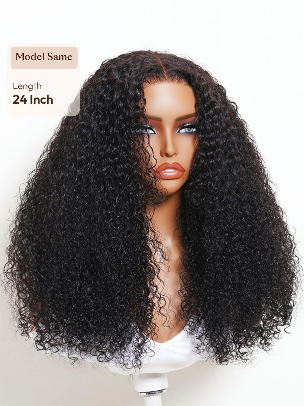 A model displays the UNice 7x5 Lace Bye Bye Slip Glueless Wig Black Kinky Curly Wig With 4C Baby Hair, showing a model with curly hair and a blue shirt and kinky curly.