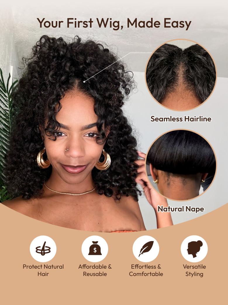 A model displays the UNice Beginner Friendly EasiContour V Part Afro Kinky Curly with Finger Coil Ends Wig, showing a model with curly hair and a hair clip and kinky.