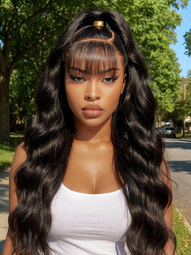 A model displays the UNice Stylish Choice UNice 13x4 Pre-Everything Side-Part Fluffy Loose Wave Wig With, showing a model with long black hair and a white tank top.