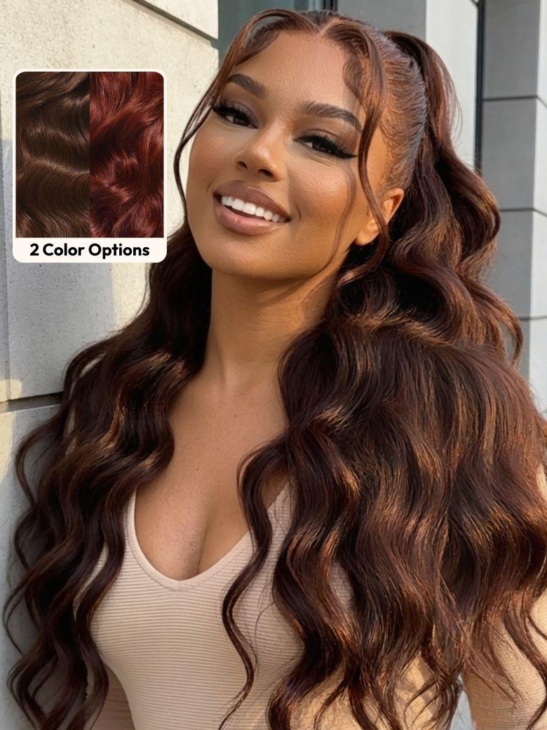 A model displays the UNice Glueless Auburn/Red Brown 13x4 Pre-Everything & 7x5 Lace Wig Loose Wave, showing a model with long brown hair and a brown top and loose wave.