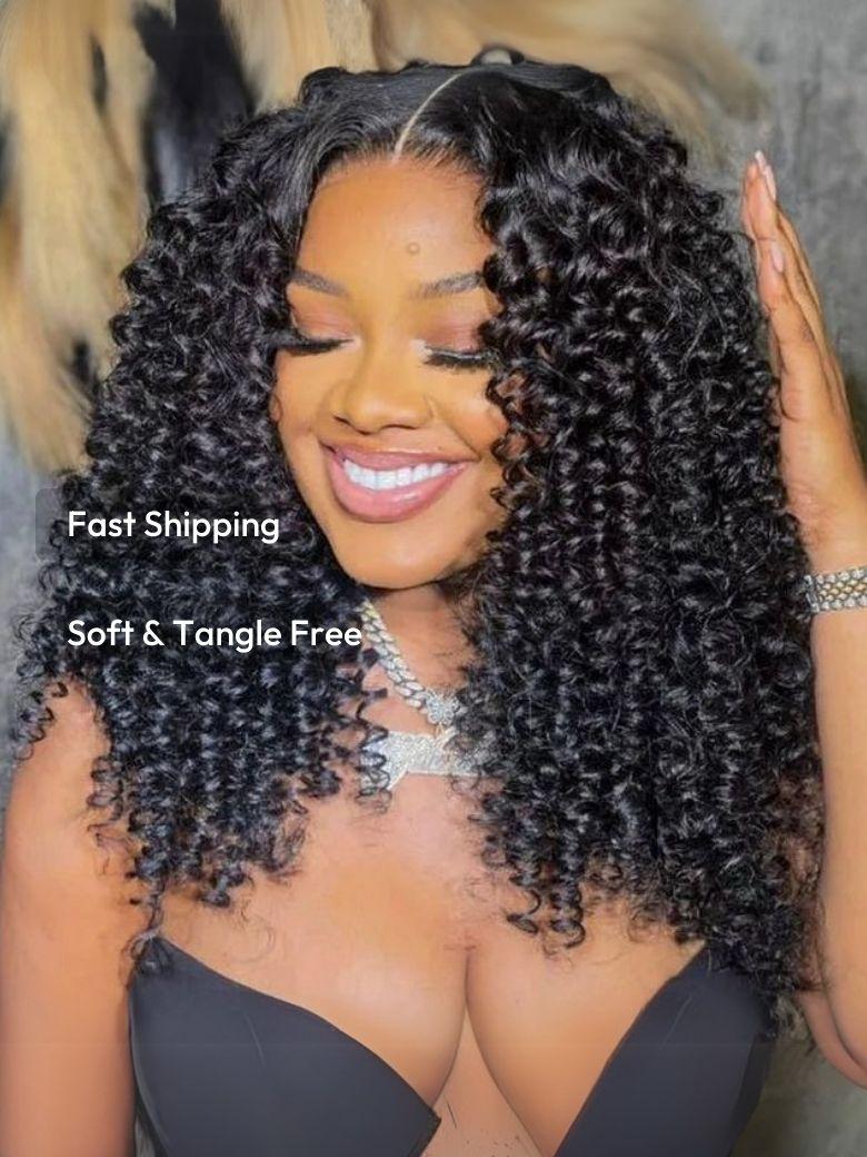 A model displays the UNice 13x4 Pre-Everything Lace Frontal Wig Kinky Curly Wig With Bleached Invisible Knots, showing a model with long curly hair wearing a black bra.