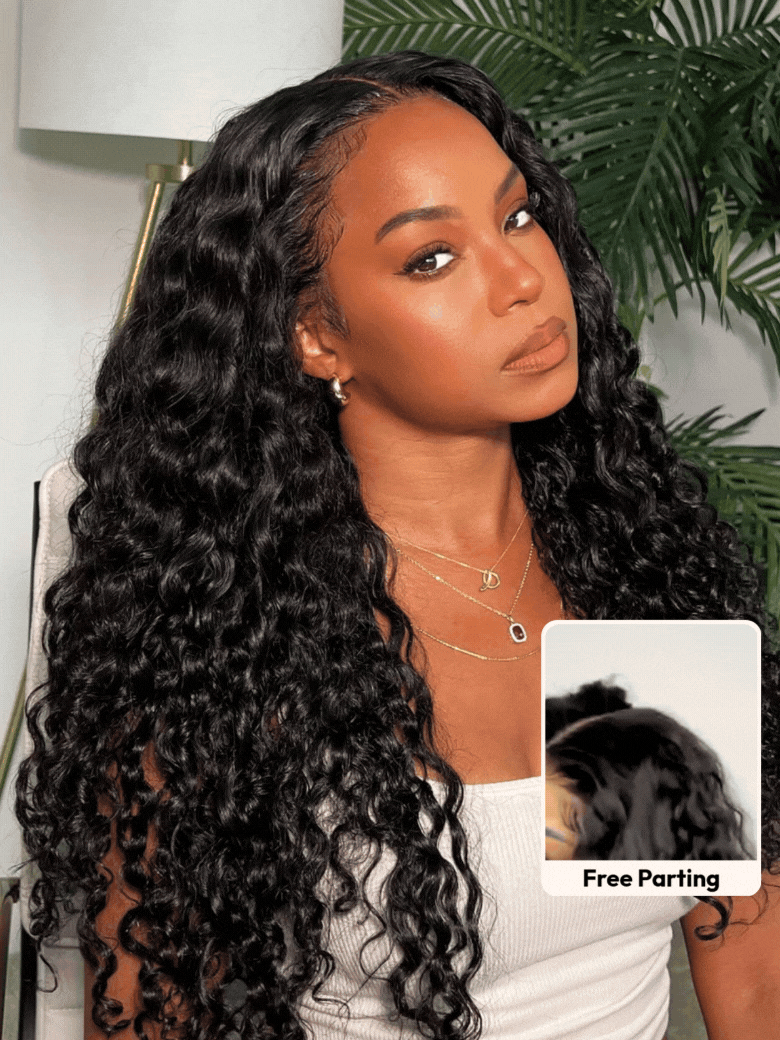 A model displays the UNice 7x5 Bye Bye Knots & 13x4 Pre-Everything Lace Frontal Natural Black & Golden, showing a model with long black hair and a white shirt and water.