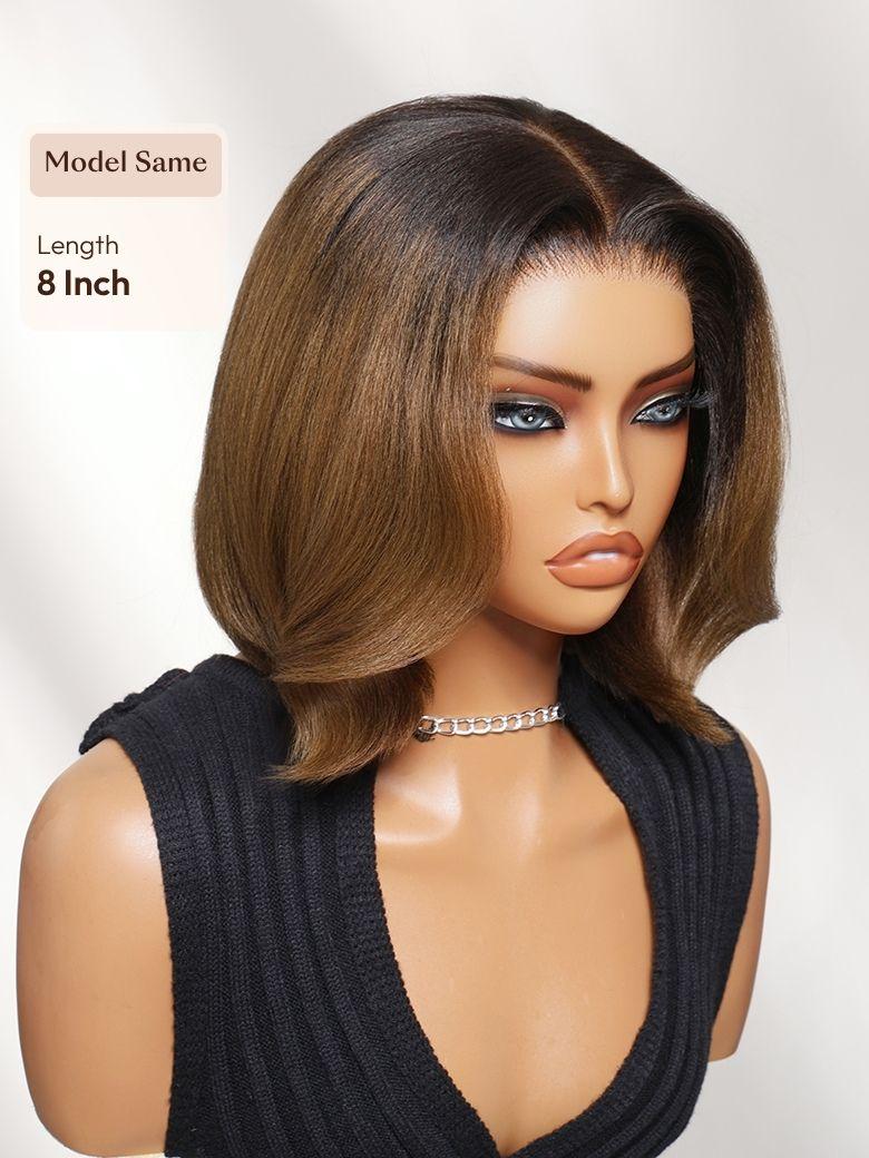 A model displays the UNice Bye Bye Slip 7x5 Lace Warm Brown with Beige Blonde Ribbon Highlights Layered wig, showing a model with a long, blonde haircut and highlight.