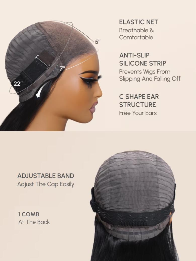 The UNice 7x5 Bye Bye Knots Wig Glueless Lace Honey Blonde Body Wave Wig With Bleached image highlights ELASTICNET, Breathable&, Comfortable, ANTI-SLIP, the top.