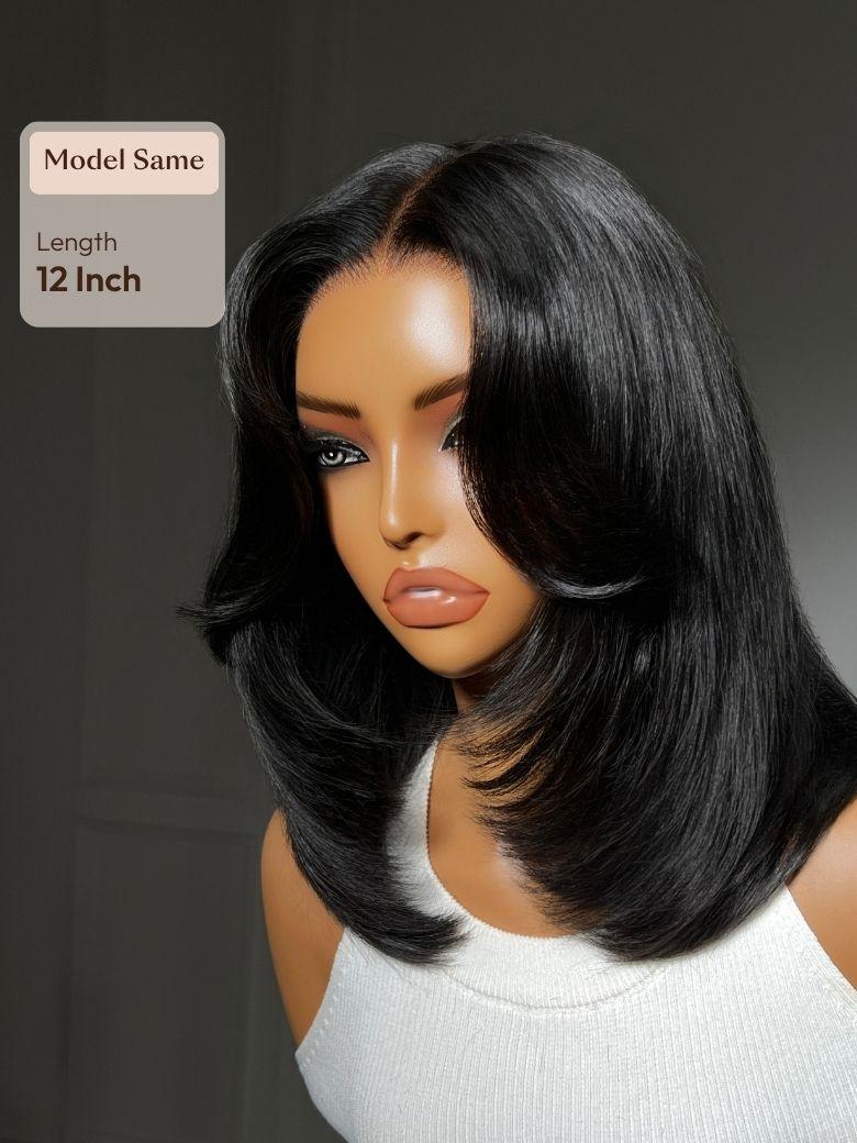 The UNice 7x5 Bye Bye Slip Lace Black Blowout Layered Bob Wig with Curtain Bang visual image position 4 shows a model with long black hair wearing a wig | 7x5, lace.