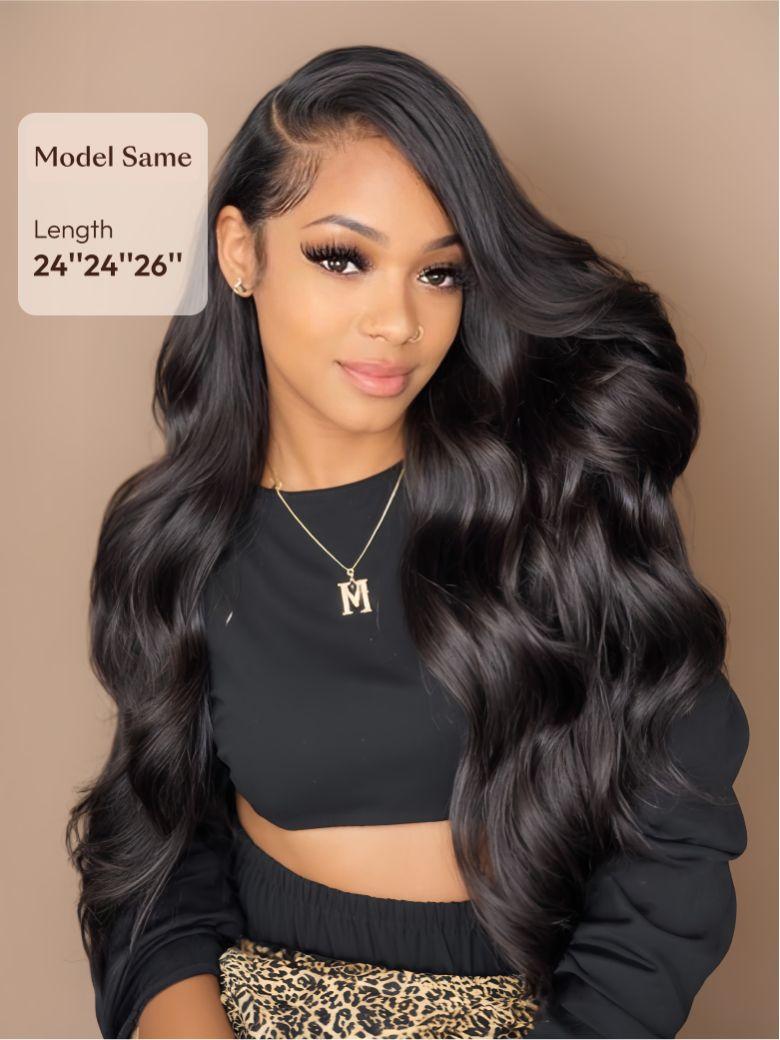 A model displays the UNice Premium Raw Virgin Hair Straight Bundles, showing model with long wavy hair and straight texture, bundle fullness, virgin human hair quality.