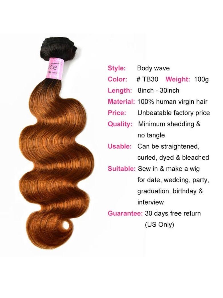 The UNice Soft #TB30 Body Wave & Straight Human Hair Weaves Human Hair 1 Bundle Ombre Color image highlights Style, Bodywave, Color, #TB30, a hair extension with a brown.