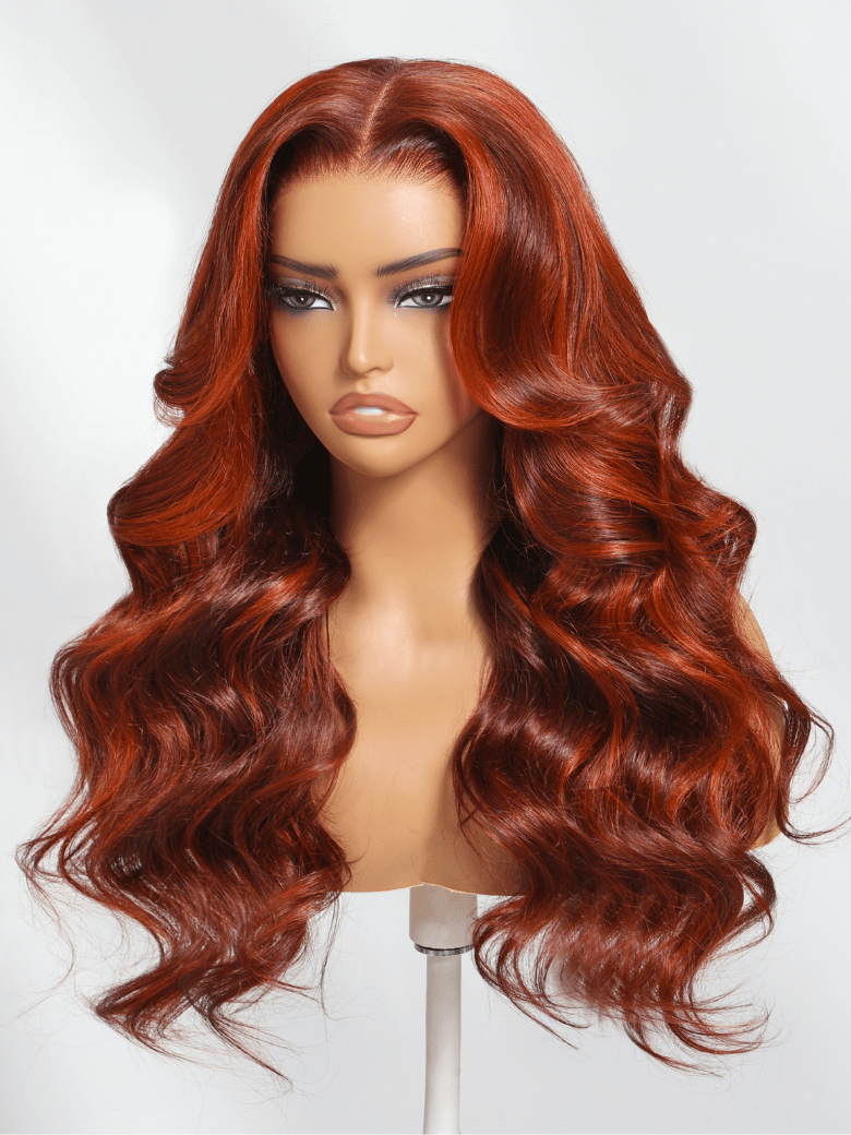 The UNice Bye Bye Knots 7x5 Lace Loose Wave Red Orange Highlights Wig with Face Framing visual image position 5 shows a wig with long red hair | loose wave texture.