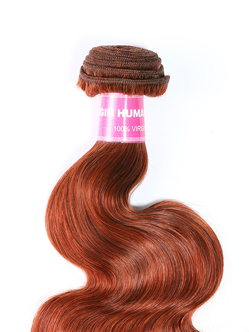 The UNice Hair #350 Color Virgin Hair Weave Ginger Hair 1 Piece Hair Bundle Body Wave image highlights GIN HUMA, 100%VIRG, a red hair extension with a brown hair.