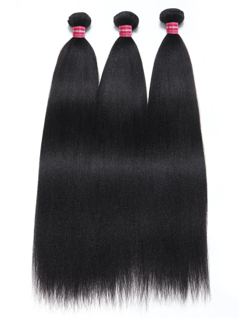 The UNice Hair Bundles 3 Pcs/pack Hair Natural Yaki Texture Virgin Human Hair image highlights HUMA, virgin hair bundles and yaki texture, bundle fullness.