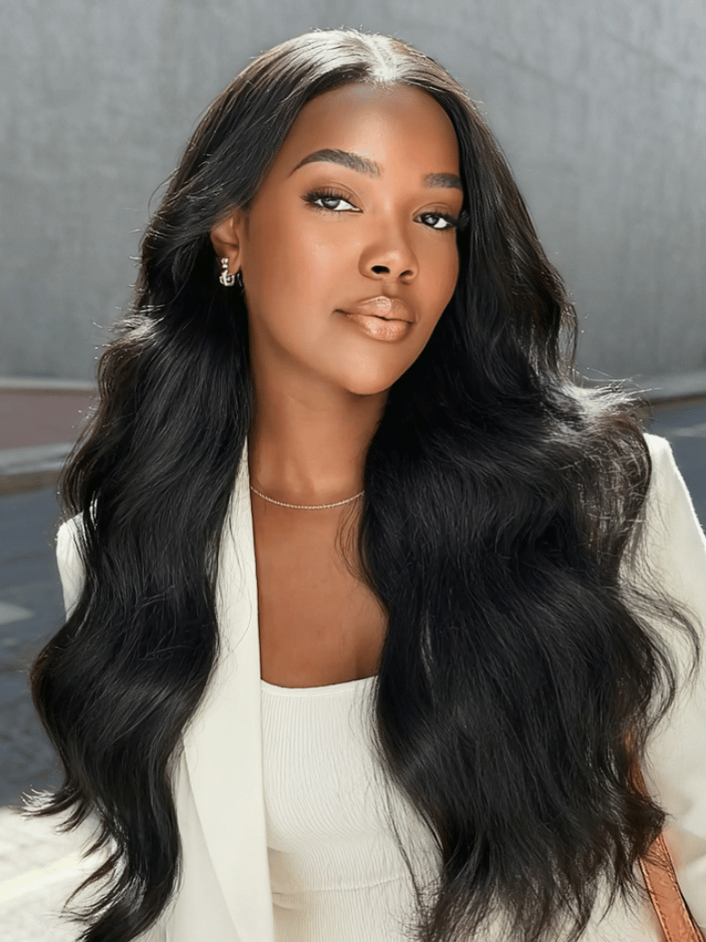 A model displays the UNice Bye Bye Knots 7x5 Natural Lace Black Yaki Wig with Soft Layers & Pre-Plucked, showing a model with long black hair and a white top and yaki.