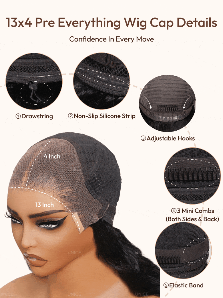 A model displays the UNice 7x5 Bye Bye Knots & 13x4 Pre-Everything Lace Frontal Balayage Highlights, showing a model with a wig and a hair brush and loose wave texture.
