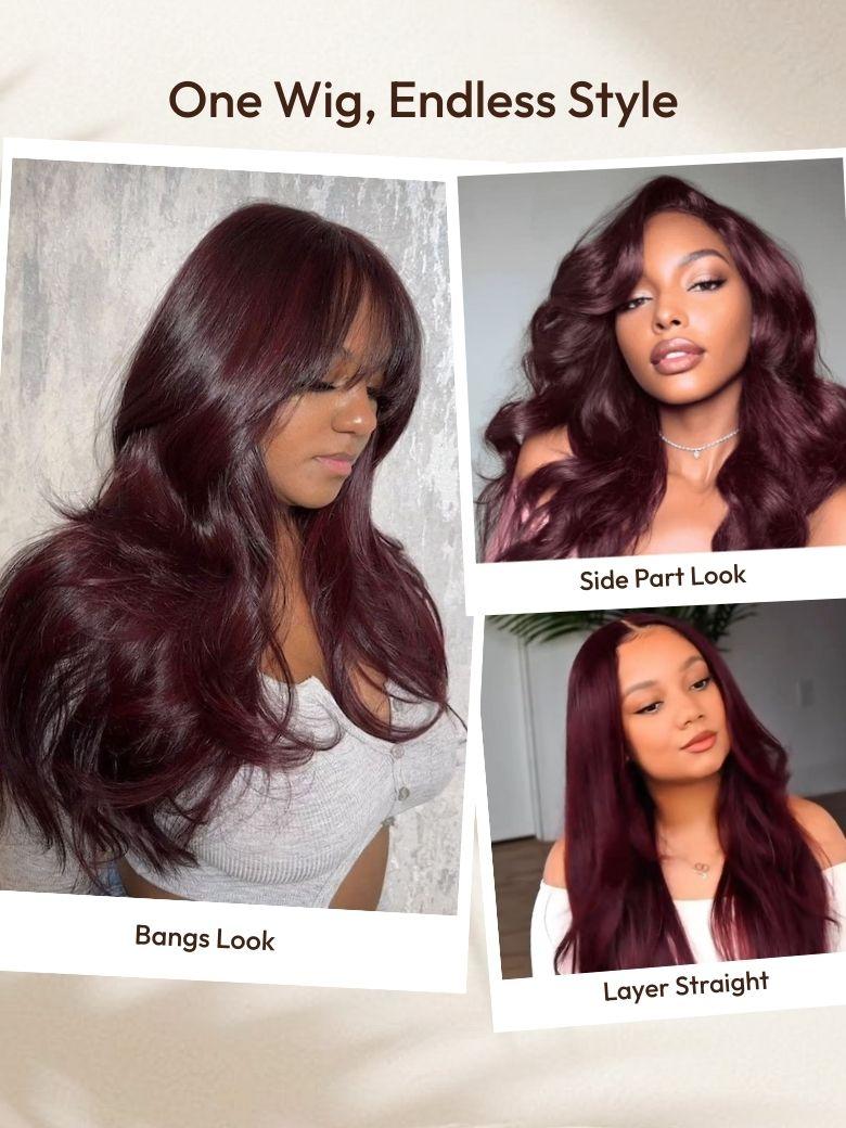 A model displays the UNice Invisi Drawstring 13x4 Pre-Everything Lace Purple Black Cherry Loose Wave wig, showing one wig style for black women and loose wave texture.