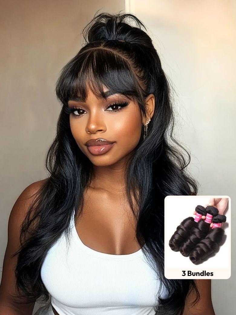 A model displays the UNice 3pcs/pack Peruvian Virgin Hair Loose Wave, showing a model with long hair wearing a white top and black pants and loose wave texture.