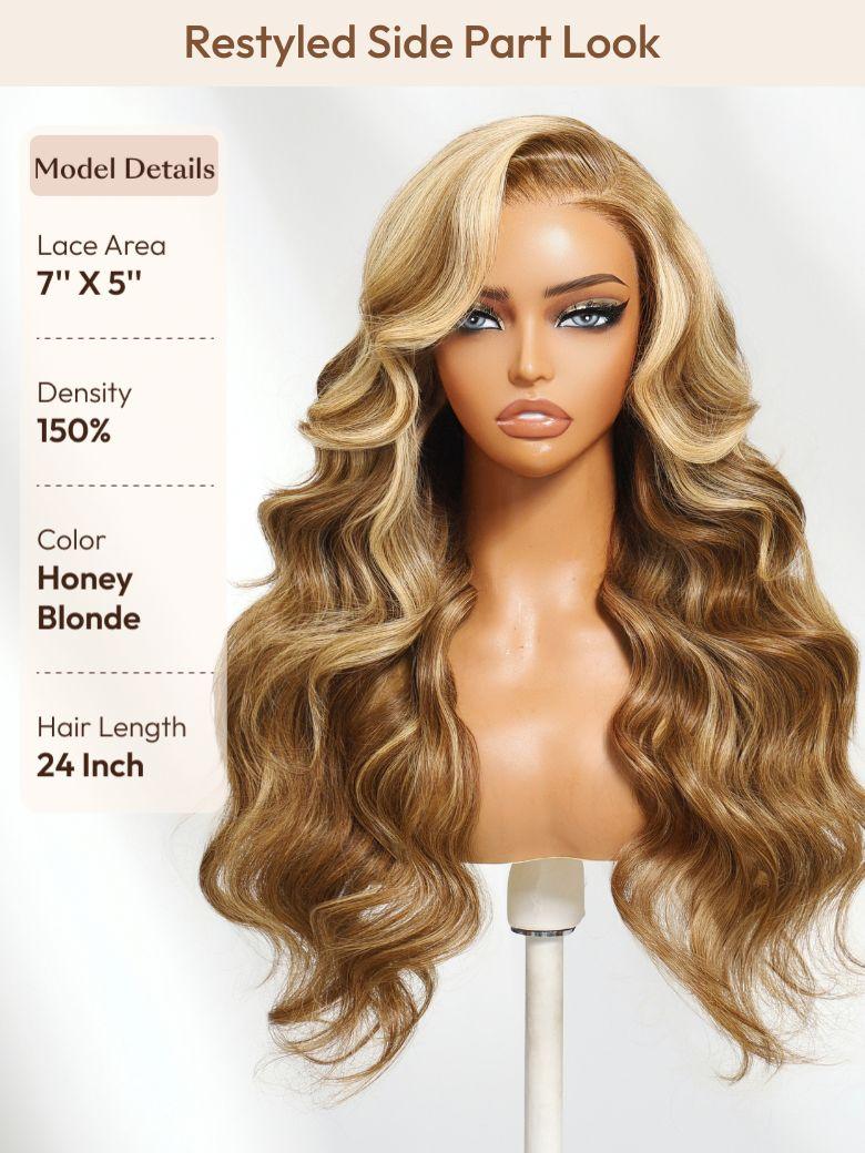 The UNice 7x5 Glueless Lace Bye Bye Knots Wig Pre-Cut Honey Blonde Body Wave Wig image highlights Restyled SidePartLook, Model Details, LaceArea, 7"X5", a wig with long.