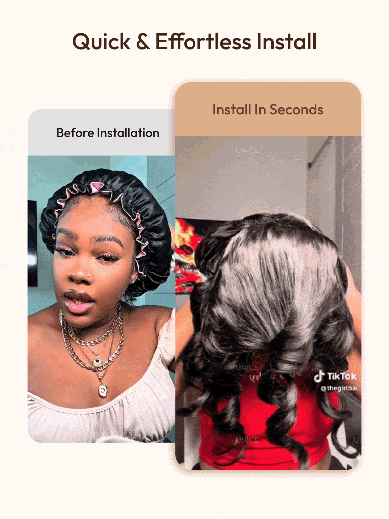 A model displays the UNice Easy Wear 13x4 Pre-Everything Lace Frontal Pull And Go Black Fluffy Natural, showing a model with long hair and a white shirt and loose wave.