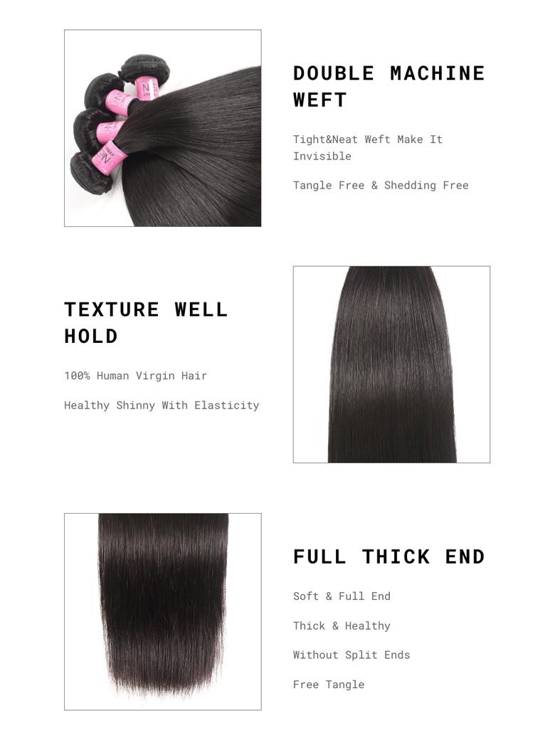 The UNice 5x5 HD Invisible Lace Closure With 3Pcs Straight Human Hair Bundles image highlights DOUBLEMACHINE, WEFT, Tight&Neat Weft Make It, Invisible, the different.
