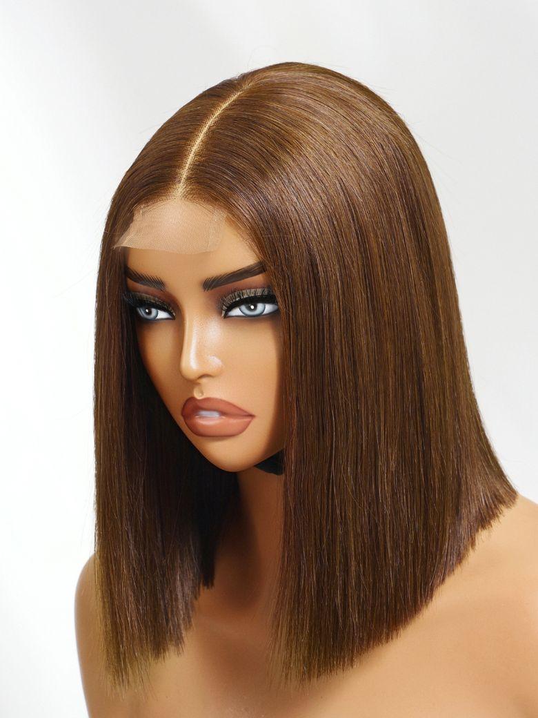 A model displays the UNice 2x6 Lace Closure Medium Brown Glueless Blunt Cut Bob Wig, showing a model with long brown hair and a brown wig and 2x6, glueless wear, lace.