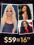 A model displays the Unice Flash Sale Glueless wig 13x4 Front Lace/ 250% Density/ Body Wave... 16 Inch wig, showing a col of three women with long curly hair and body.