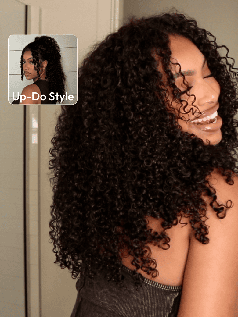 A model displays the UNice EasiContour V Part Minimal Leave Out Glueless Curly Wig Adjustable Cap, showing a model with long curly hair and curly texture, glueless wear.