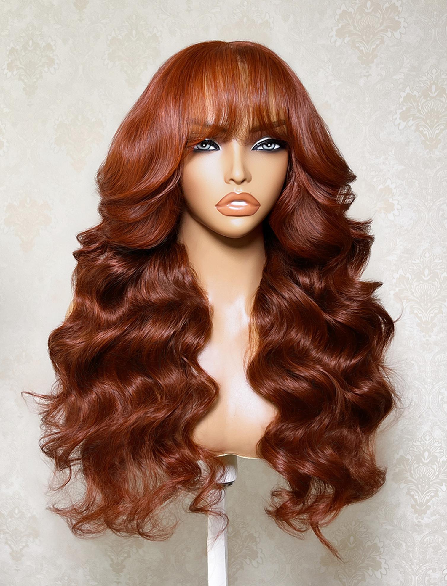 UNice Loose Wave with Bangs Reddish Brown Bye-Bye Slip™ 7x5 Lace Glueless Human Hair Wig for Beginners