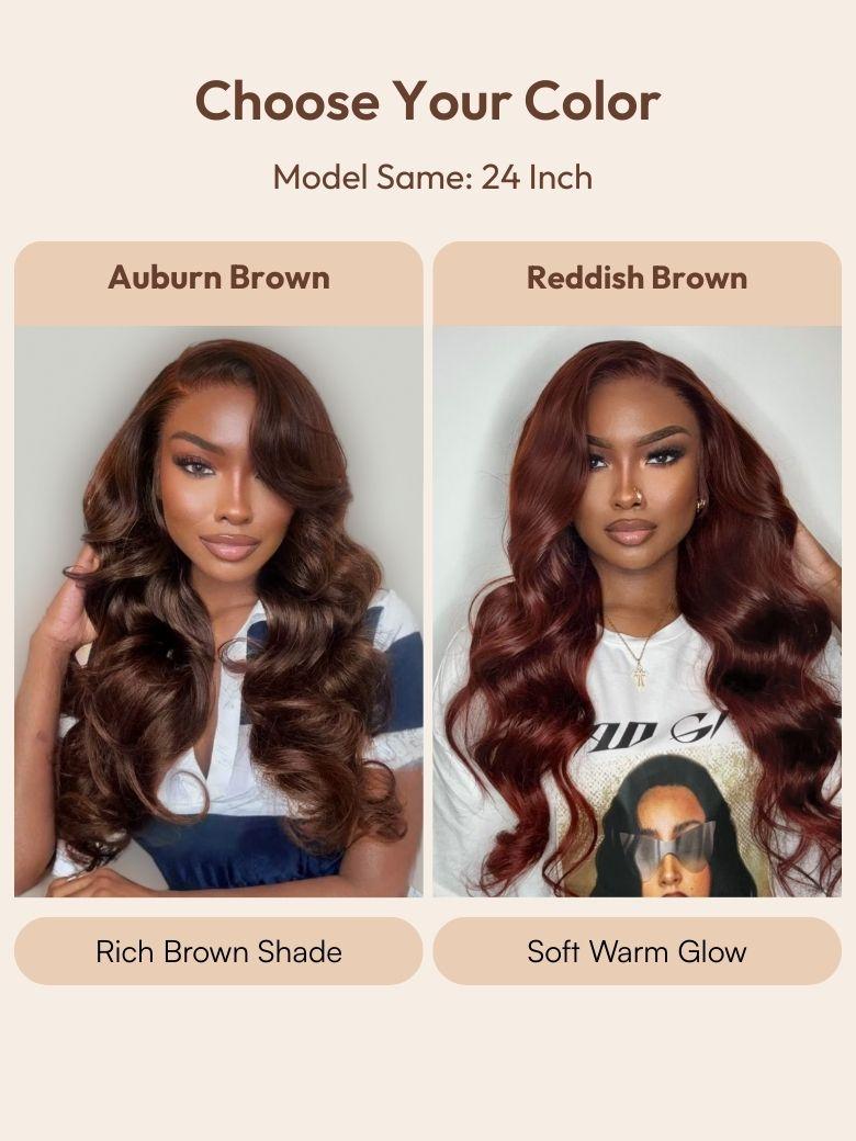 A model displays the UNice Glueless Auburn/Red Brown 13x4 Pre-Everything & 7x5 Lace Wig Loose Wave, showing a photo of a model with long wavy hair and loose wave.