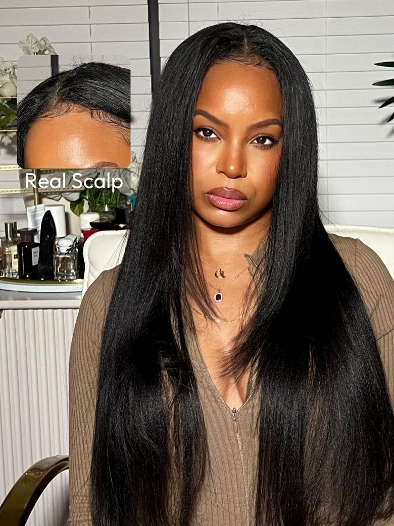 A model displays the UNice Glueless EasiContour V Part 150% Density Glueless Yaki Wig, showing a model with long black hair sitting in a chair and yaki texture, glueless.