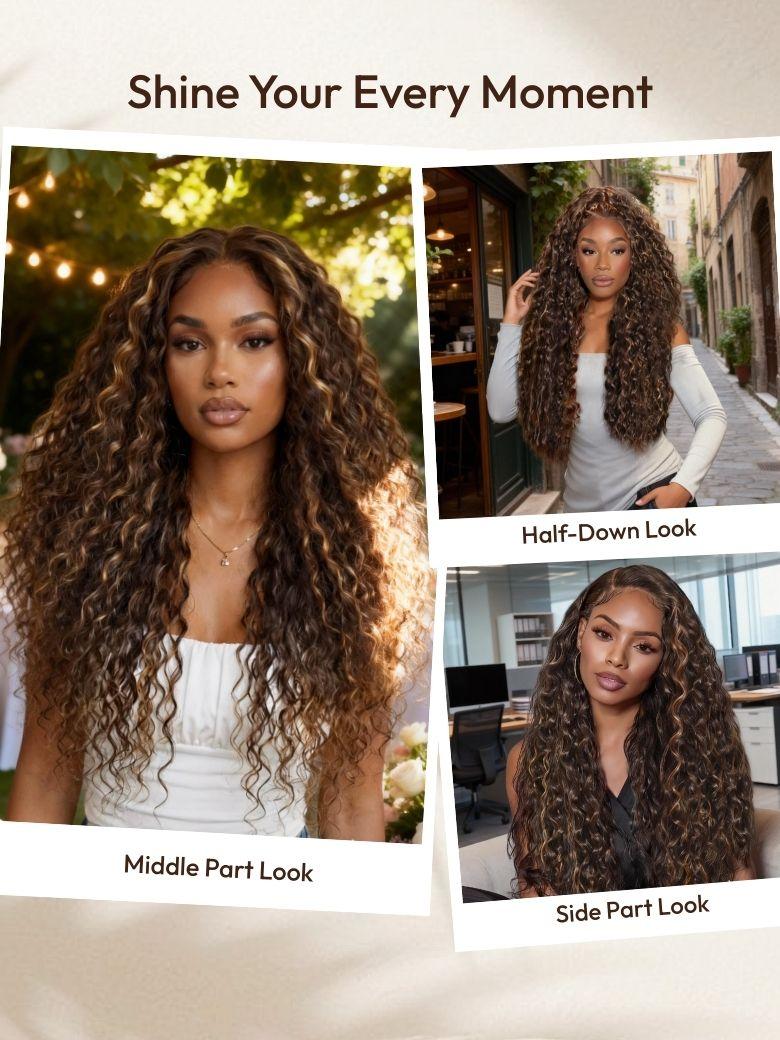 The UNice Human Hair Bye Bye Knots 7x5 Lace Dark Toffee Brown with Auburn Highlights wig visual image position 4 shows a model with long curly hair and a white shirt |.