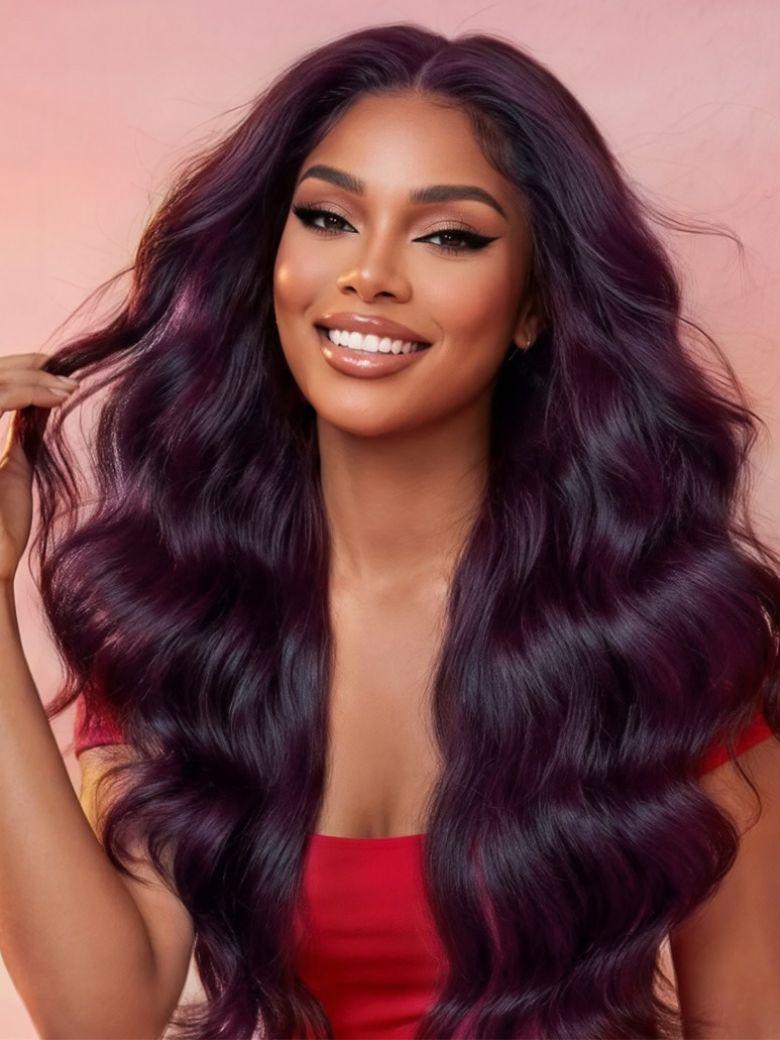 A model displays the UNice US Only Only 43 new users needed 20 Inch 13x4 Bye Bye Slip Glueless Lace wig, showing a model with long dark purple hair and a red dress.
