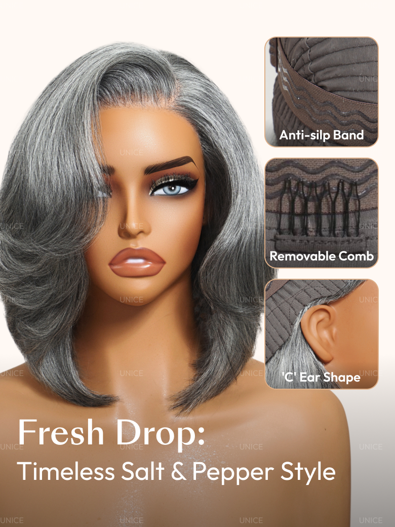 The UNice Boss-Vibe Salt and Pepper Blowout Layered Bob Glueless Wig 6.5x1.5 Side Part image highlights Anti-silp Band, Removable Comb, C'Ear Shape, Fresh Drop, a gray.