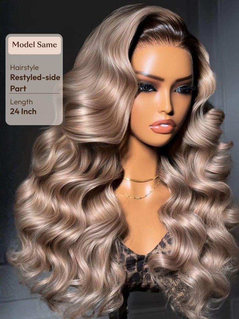 The UNice Ash Blonde With Brown Roots No Slip 13x4 Pre-Everything Lace Frontal Body Wave image highlights Model Same, Hairstyle, Restyled-side, Part, a wig with long.