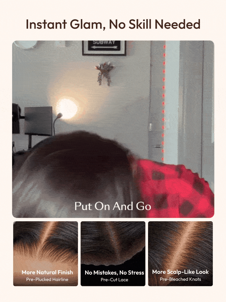 A model displays the UNice 13x4 Bye Bye Slip Glueless Lace Black Straight Bleached Knots Drawstring Wig, showing a person with a red shirt and a black cat and straight.
