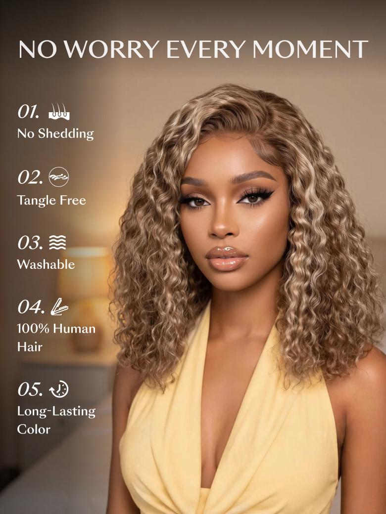 A model displays the UNice 7x5 Bye Bye Slip Glueless Invisible Drawstring Honey Blonde Highlights wig, showing a model with long curly hair and a yellow dress and curly.