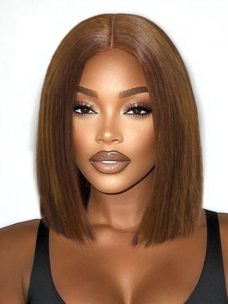 The UNice 2x6 Lace Closure Medium Brown Glueless Blunt Cut Bob Wig visual image position 2 shows a model with a brown bob bob bob bob bob bob bob bob bob bob bob bob bob.