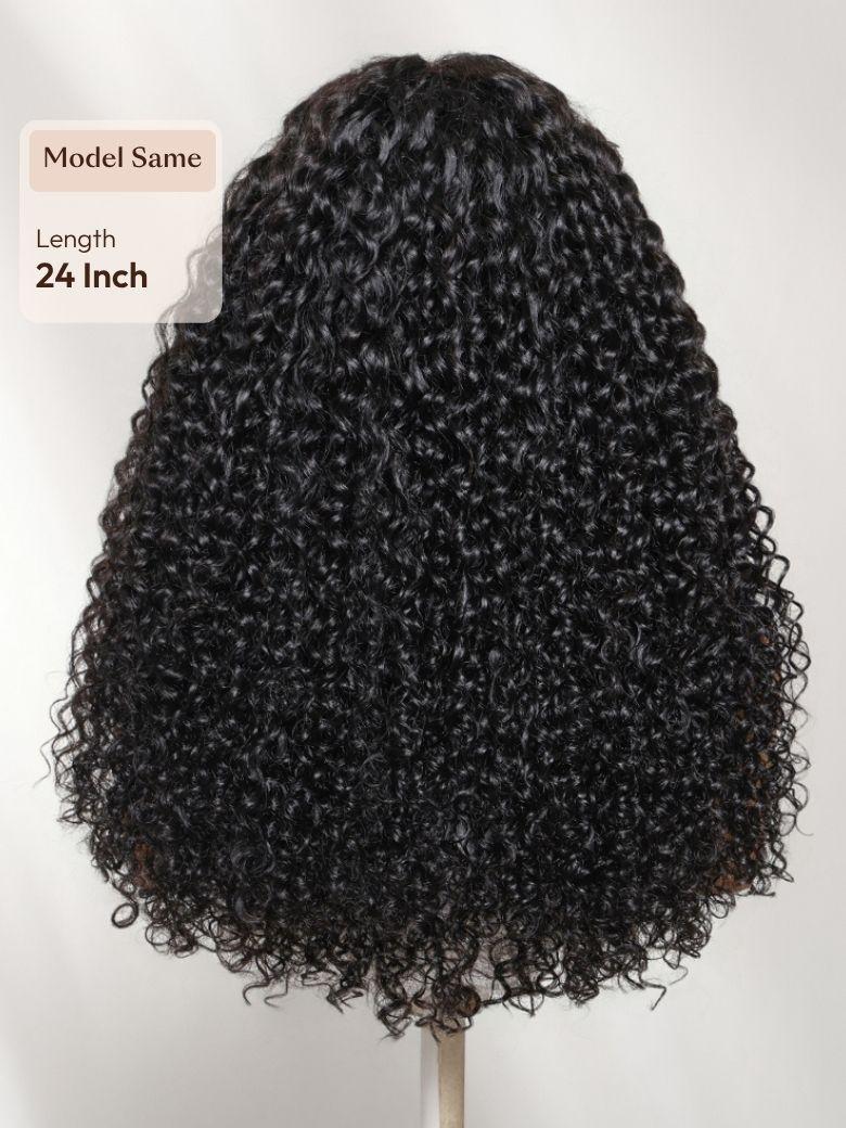A model displays the UNice 13x4 Bye Bye Slip Lace Frontal Soft Water Wave Glueless Wig with Fluffy Loose, showing a model with long black curly hair and water wave.