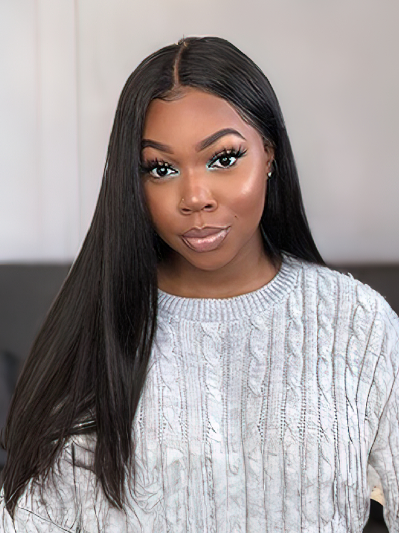A model displays the UNice 5x5 HD Invisible Lace Closure With 3Pcs Straight Human Hair Bundles, showing a woman wearing a white shirt and straight texture, 5x5, lace.