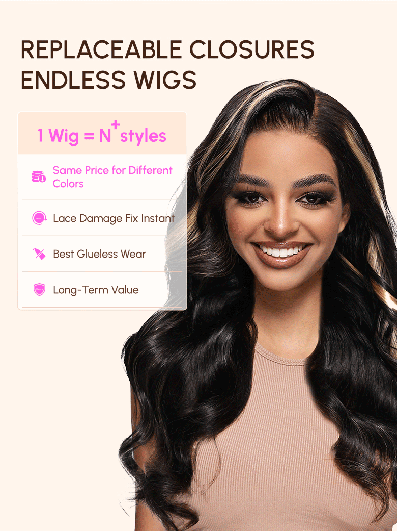 The UNice Magic Lace Wig Black to Chestnut Brown Ombre Body Wave With Optional 7x5 visual image position 5 shows a model with long hair and a smile | visible text:.