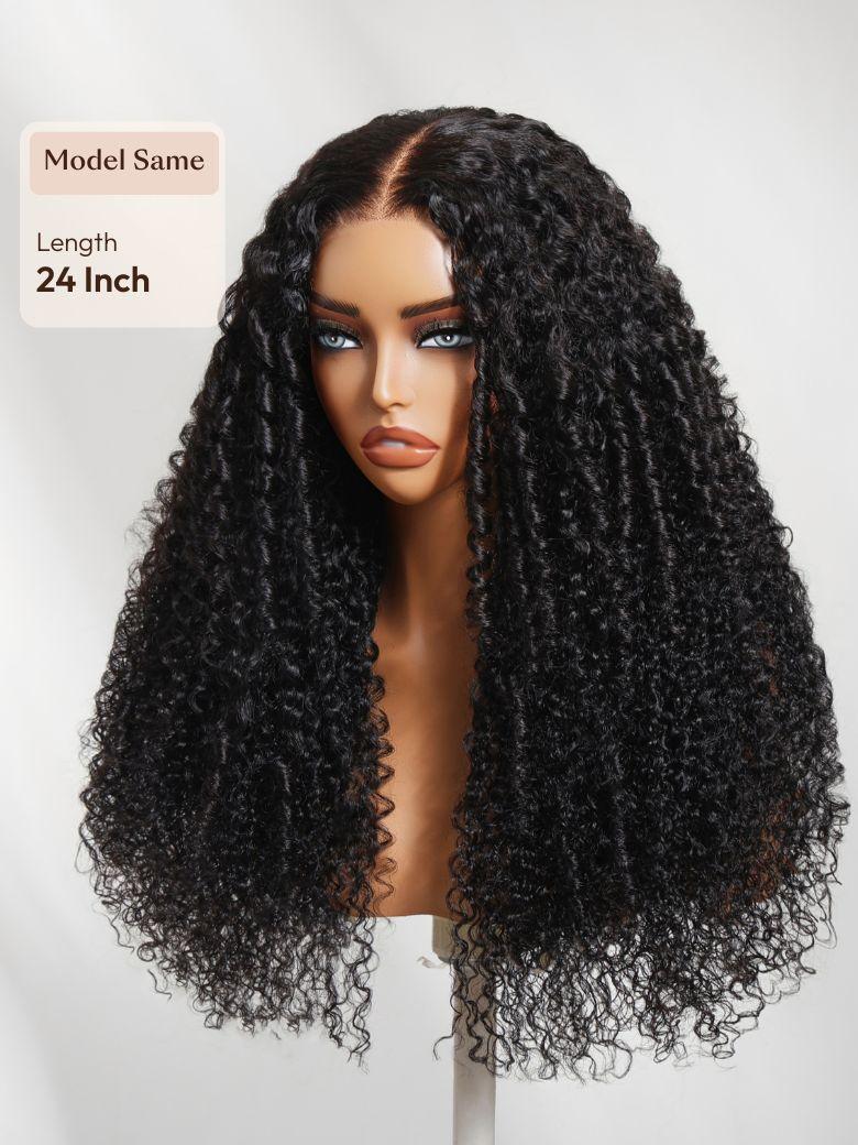 The UNice 18''-22'' UNice 7x5 Lace Bye Bye Knots Black Defined Coils 3C-4A Blend Curly wig image highlights Model Same, Length, 24Inch, a wig with curly hair on a mann.