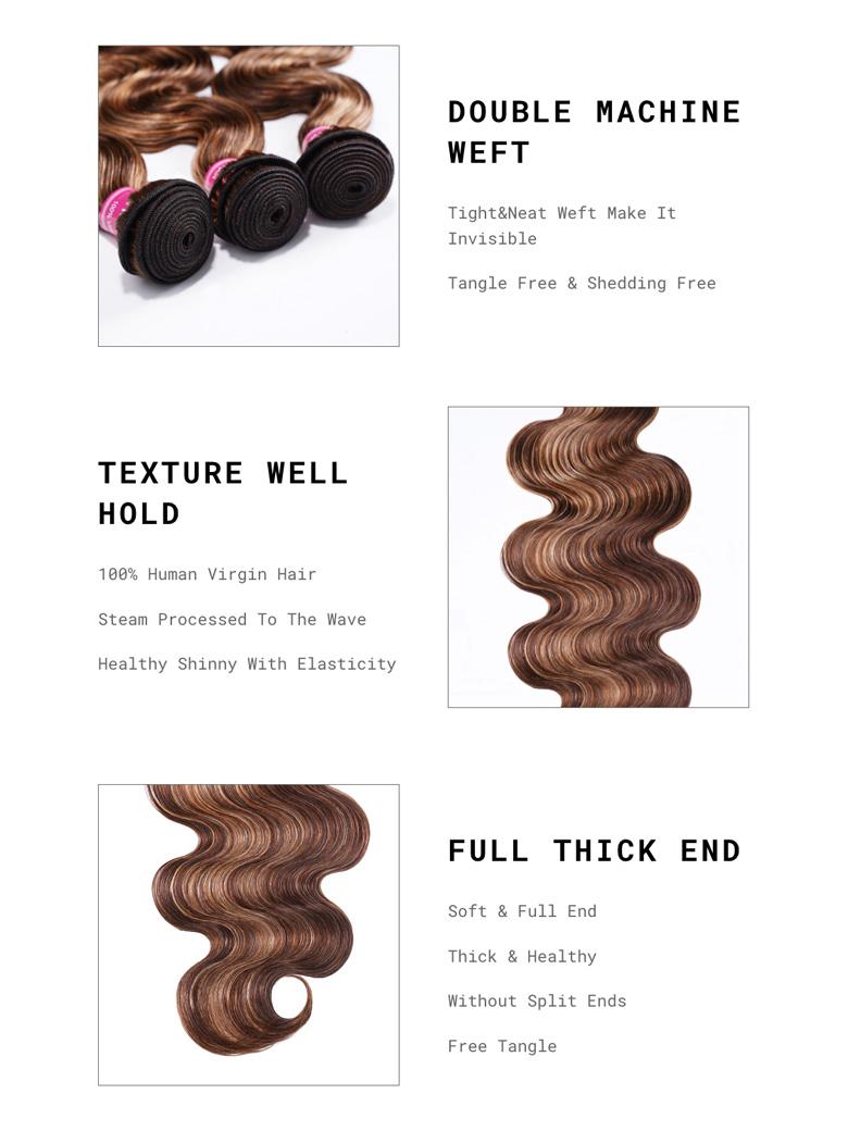 The UNice Luxurious Honey Blonde Highlight Body Wave Human Hair 1 Bundle image highlights DOUBLE MACHINE, WEFT, Tight&Neat Weft Make It, Invisible, the different types.
