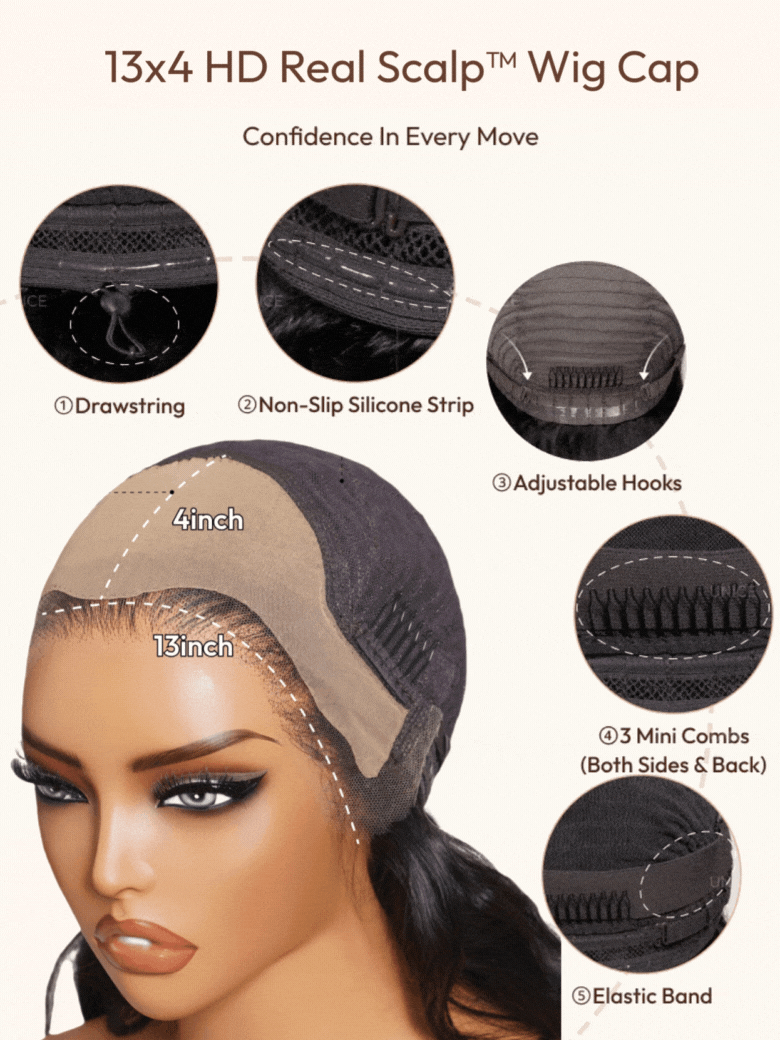 A model displays the UNice 13x4 HD Real Scalp Wig Pull And Go Drawstring Loose Wave with Face Framing, showing a model with a wig and a wig cap and loose wave texture.