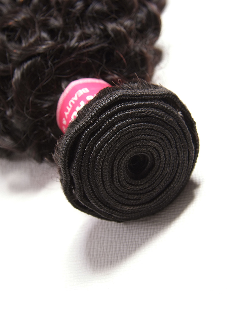 The UNice Hair Icenu Series 1 Piece Jerry Curly Human Virgin Hair Weaving product image shows a black hair piece with a pink button and jerry curl texture, curly.