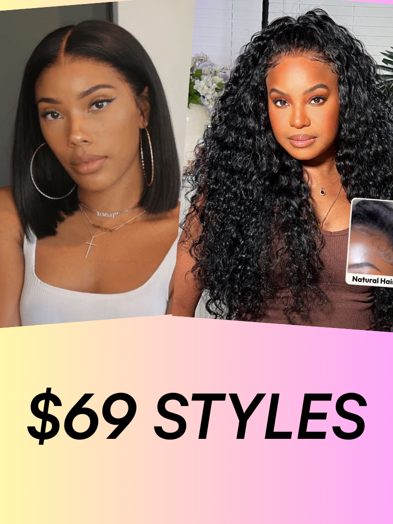 A model displays the UNice All $69: Bye Bye Knots Or Half Wig, showing a model with long hair and a white shirt.
