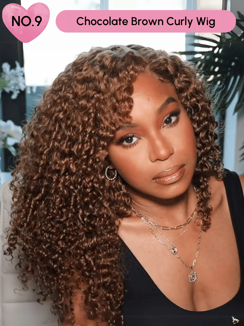 A model displays the UNice 24 Inch 180% Density 13x4 Lace Frontal Wig Last Chance Sale wig, showing a model with long curly hair and a black top and 13x4, lace finish.