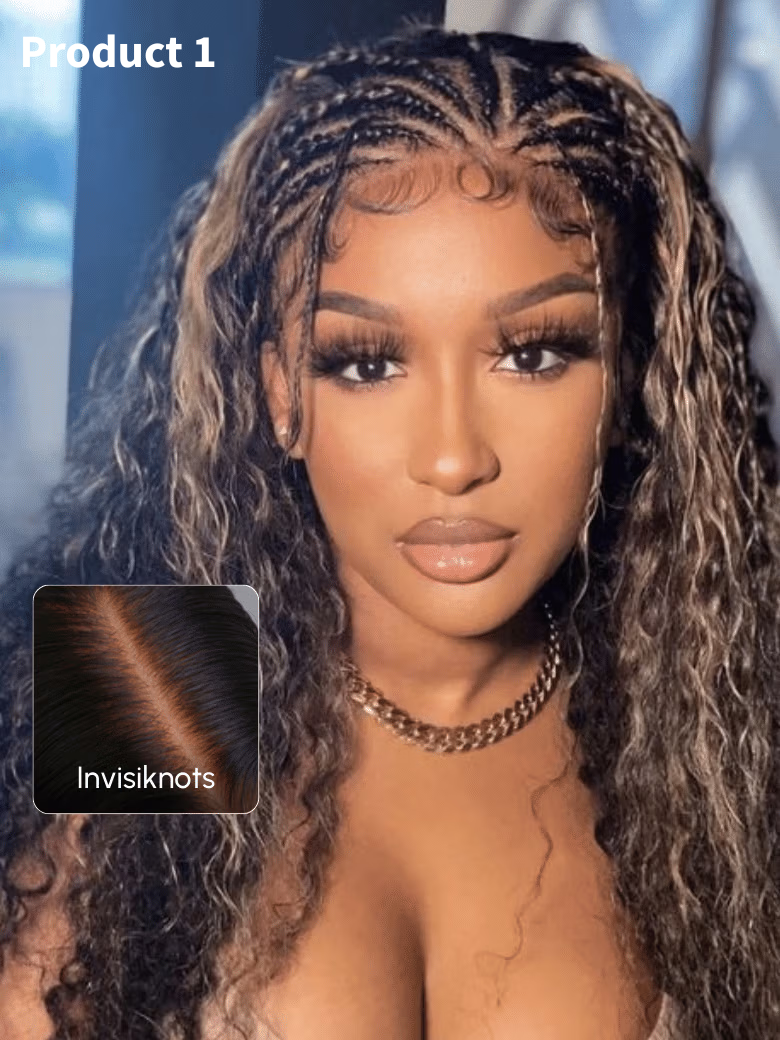 A model displays the UNice 3 Styles 20 Inch wig Starting At Just, showing a model with long curly hair and a black bra.
