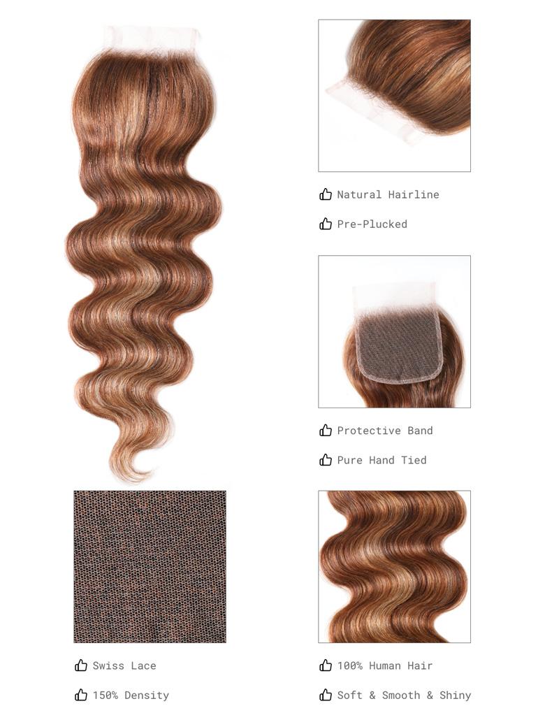 The UNice Honey Blonde Highlighted Body Wave 4x4 Free Part Closure image highlights Natural Hairline, Pre-Plucked, Protective Band, Pure Hand Tied, the hair extensions.
