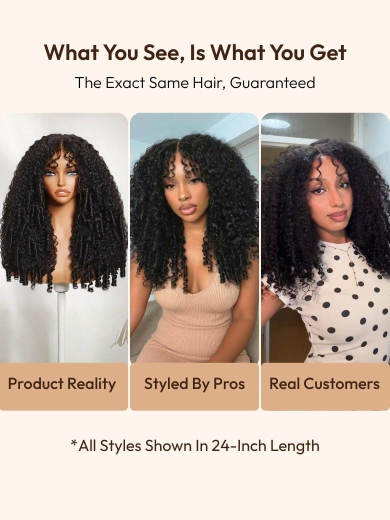 A model displays the UNice 13x4 Bye Bye Slip Glueless Curly Texture Extremely Light Wig With Finger Coil, showing what is the best way to curl your hair? and curly.
