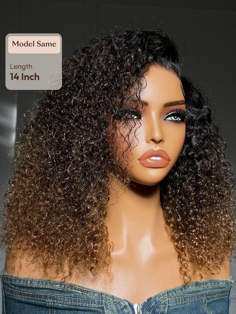 A model displays the UNice 7x5 Bye Bye Slip Lace Dark Brown to Golden Caramel Ombre Curly Glueless Wig, showing a model with curly hair and a denim jacket and curly.