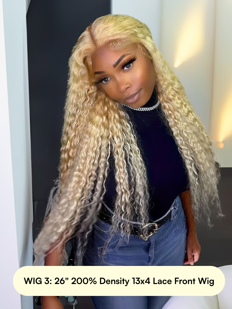 A model displays the UNice 22-28 Inch High-Density (200%+) Humanl Hair Wig, showing a model with long blonde hair wearing a black top and jeans.