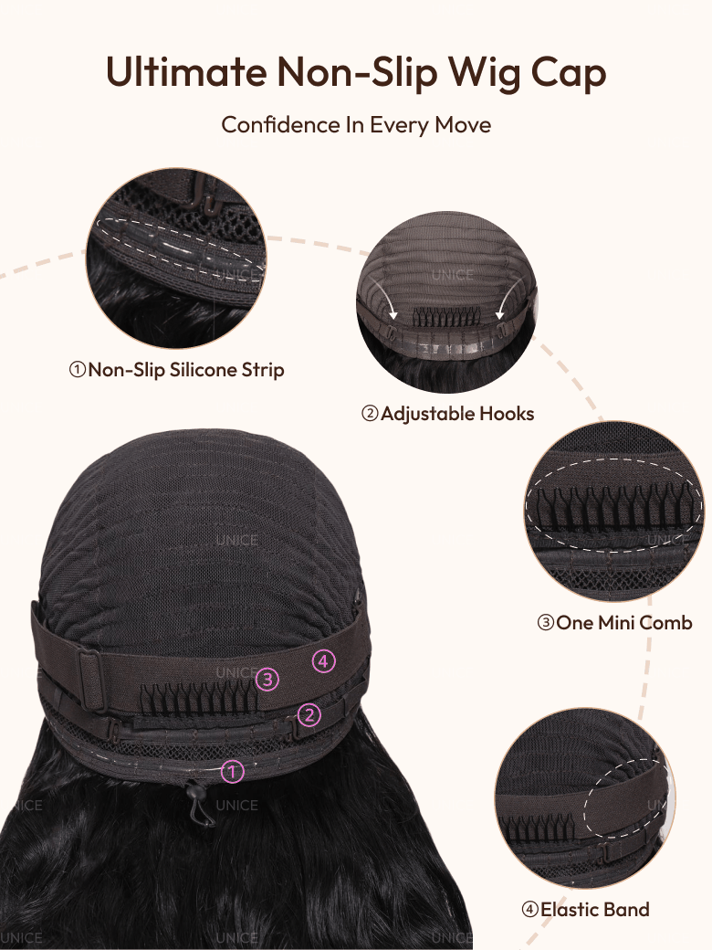The UNice 13x4 Pre-Everything Wig Lace Frontal Natural Black Loose Deep Wave 150% Density image highlights Ultimate Non-Slip Wig Cap, Confidence InEveryMove.