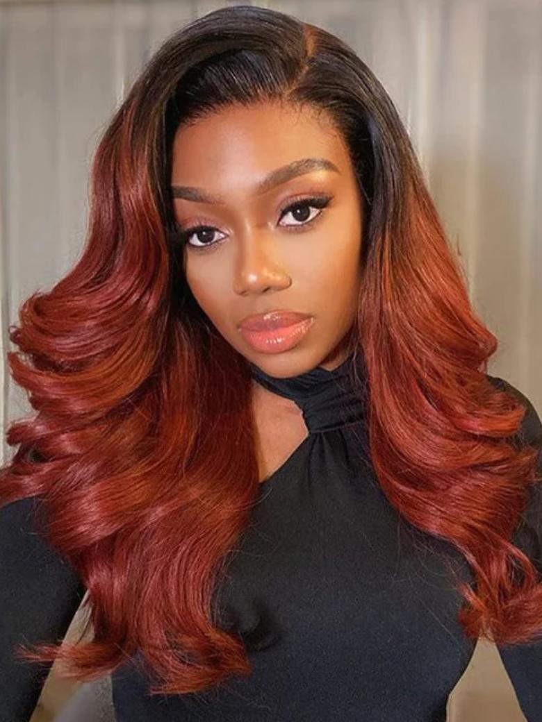 The UNice Glueless Breezy Cap V Part Wig No Glue Throw On And Go Red Brown Body Wave Wig visual image position 2 shows a model with long red hair wearing a black top |.